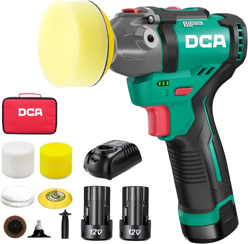 DCA 12V Cordless Buffer Polisher, 3" Brushless Mini Car Polisher & 2" Sander Machine Kit with 2x 2.0Ah Batteries, 2 Variable Speed 2800-8300RPM for Car Detailing Polishing/Buffing/Sanding/Waxing - Image 1
